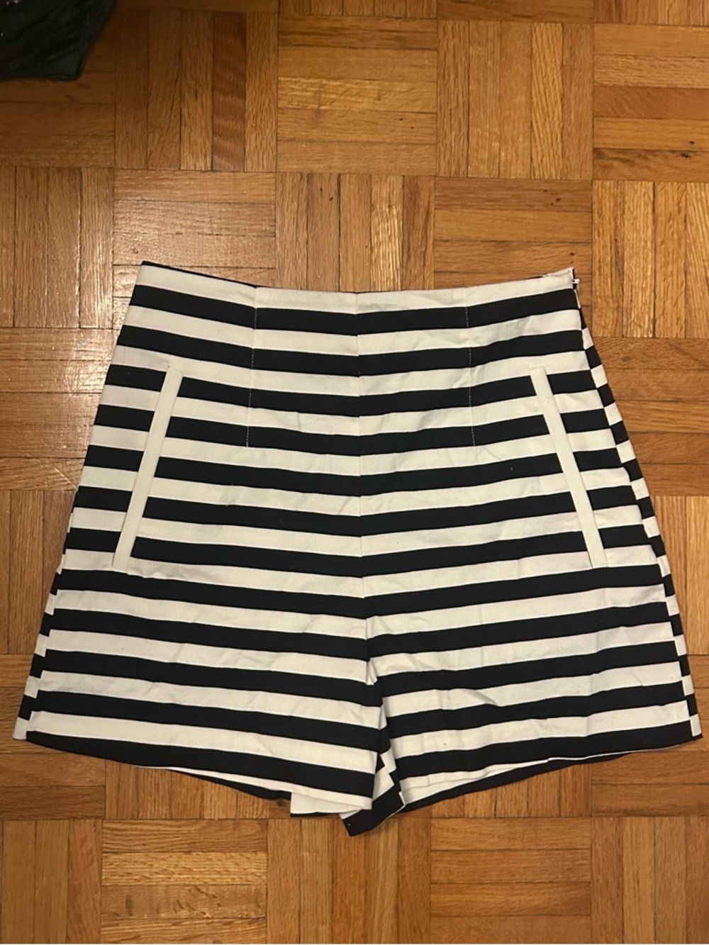 Zara Navy Blue & White Striped High-Waist Shorts